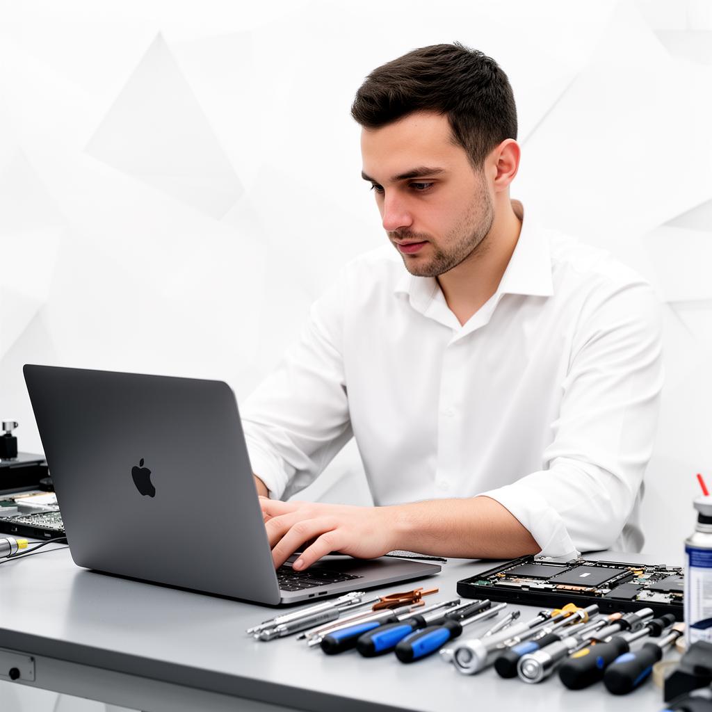 Expert laptop repair technician diagnosing a MacBook